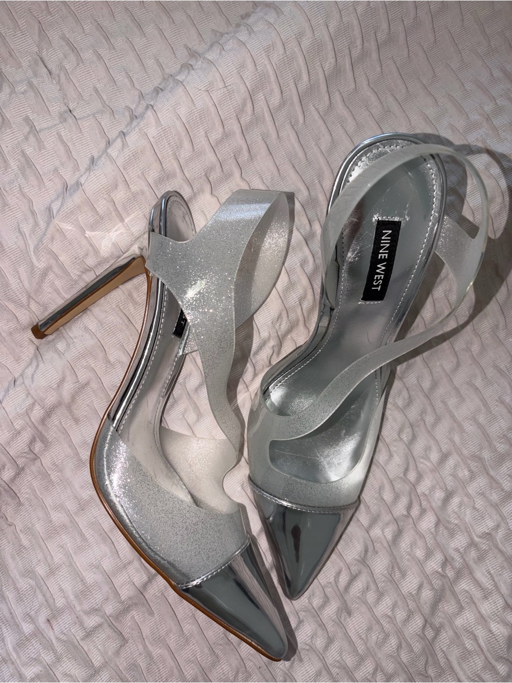 Nine West Silver Glitter Pointed Toe Slingback Heels